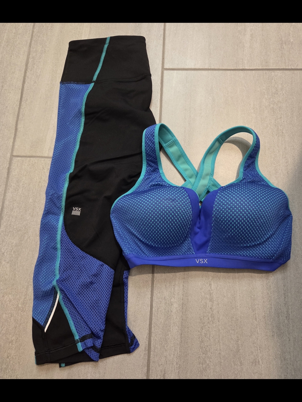 VSX Blue & Teal Padded Mesh Sports Bra with Matching Mesh-Panel Leggings